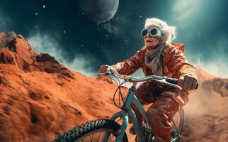 A futuristic depiction shows an elderly woman cycling across the surface of the moon, blending imagination, exploration, and the concept of space-age transportation.Generated image photo