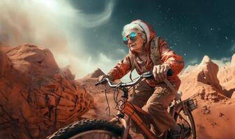 A futuristic depiction shows an elderly woman cycling across the surface of the moon, blending imagination, exploration, and the concept of space-age transportation.Generated image photo
