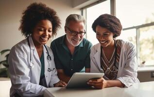 A racially diverse team of doctors collaborates using modern tablet technology to review medical findings in a multicultural and inclusive healthcare setting.Generated image photo