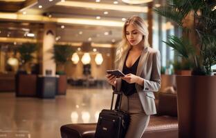 A businesswoman on a journey is captured at the airport, using her mobile phone while awaiting her flight.Generated image photo