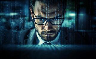 A hacker, surrounded by technological holograms, intensely focuses on coding in a close-up shot, portraying a futuristic cyber atmosphere.Generated image photo