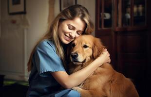 A veterinarian tenderly embraces a dog in a veterinary clinic, demonstrating compassion and care.Generated image photo