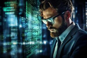 A hacker, surrounded by technological holograms, intensely focuses on coding in a close-up shot, portraying a futuristic cyber atmosphere.Generated image photo
