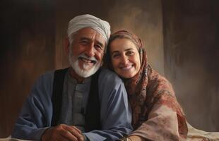 A traditional elderly Islamic couple embraces the joy of Ramadan, embodying the cultural richness and spiritual connection during the sacred days of celebration.Generated image photo