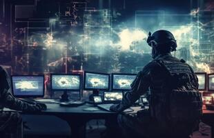 Techno-Warfare Professional Soldier Engaged with Combat Holograms on Computer.Generated image photo