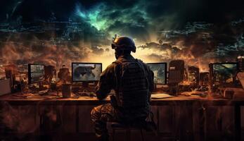 Techno-Warfare Professional Soldier Engaged with Combat Holograms on Computer.Generated image photo