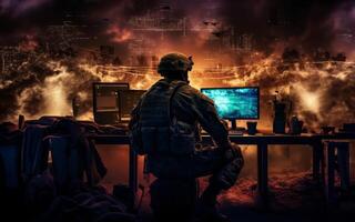 Techno-Warfare Professional Soldier Engaged with Combat Holograms on Computer.Generated image photo