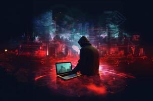 A holographic hacker works on a laptop in a futuristic world.Generated image photo