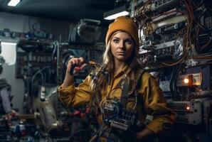 Woman Working in Electronics Service Surrounded by Modern Computers and Cables.Generated image photo