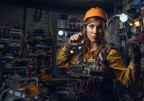 Woman Working in Electronics Service Surrounded by Modern Computers and Cables.Generated image photo