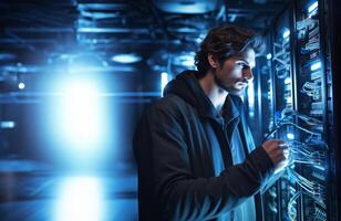 A technician walks through a blue server room, checking on the status of the servers.Generated image photo