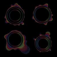 Music equalizers and sound waves. set of radial curves spectrum of radio wave oscillations. Multicolored neon sound wave of audio circles vector