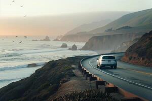 Freedom Compact crossover driving on scenic coastal road with ocean waves crashing against cliffs and seagulls flying overhead background photo