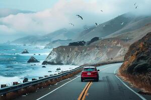 Freedom Compact crossover driving on scenic coastal road with ocean waves crashing against cliffs and seagulls flying overhead background photo