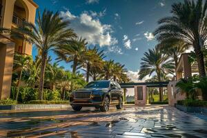 Luxury Full size crossover parked at luxurious resort entrance with valet service and palm trees lining the driveway showcasing the resort background photo