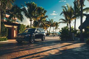Luxury Full size crossover parked at luxurious resort entrance with valet service and palm trees lining the driveway showcasing the resort background photo
