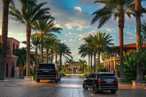 Luxury Full size crossover parked at luxurious resort entrance with valet service and palm trees lining the driveway showcasing the resort background photo