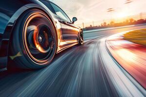 Modern New sports car speeding on race track with red motion and dynamic curves photo
