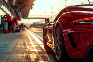 Compact sports car parked at race track pit lane with mechanics checking tire pressure and engine performance photo