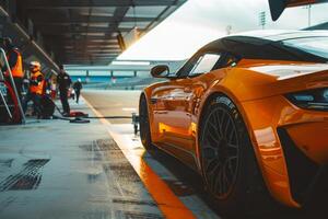 Compact sports car parked at race track pit lane with mechanics checking tire pressure and engine performance photo