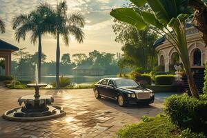 Luxury sedan parked in front of private villoverlooking serene lake with lush gardens and fountain photo