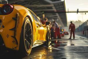Compact sports car parked at race track pit lane with mechanics checking tire pressure and engine performance photo