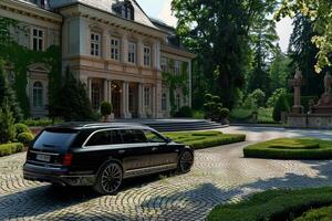 Prestige Luxury wagon parked in front of an elegant mansion with landscaped garden and classical architecture photo