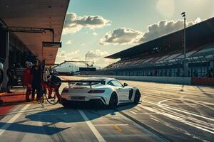 Speed Coupe parked at modern race track pit lane with mechanics working on the car during high speed racing event photo