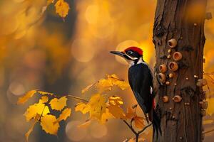 Avian Curious Woodpecker tapping on an autumn tree trunk surrounded by golden leaves Background photo