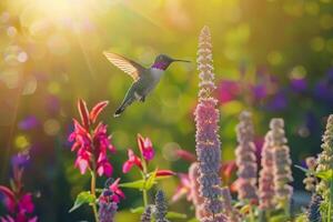 Avian Hummingbird hovering near vibrant summer flowers with background photo