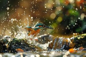 Avian Kingfisher diving into crystal clear stream in spring with background photo