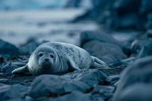Curious Bearded seal lounging on rocky Arctic shore with nature background curiously observing its surroundings under the  Arctic twilight photo
