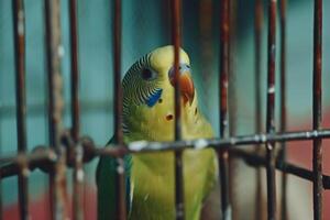 colorful parakeet peering out from its cage with nature background feathers fluffed up with inquisitiveness photo