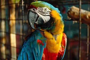 colorful parrot investigating new toy in its aviary with nature background feathers ruffled with curiosity photo