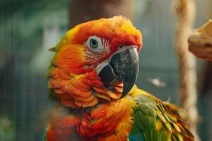 colorful parrot investigating new toy in its aviary with nature background feathers ruffled with curiosity photo