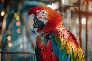 colorful parrot investigating new toy in its aviary with nature background feathers ruffled with curiosity photo