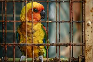 colorful parakeet peering out from its cage with nature background feathers fluffed up with inquisitiveness photo