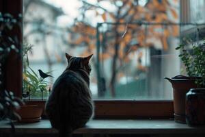Curious tabby cat peering through window at birds in the garden with nature background photo