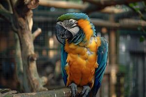 colorful parrot investigating new toy in its aviary with nature background feathers ruffled with curiosity photo
