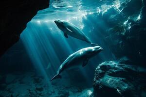 Abstract Background Arctic WildlifeBelugwhales swimming in surreal icy blue underwater cave with shafts of sunlight filtering through cracks photo