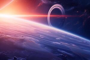 Cosmic Background Spacecraft orbiting distant planet with rings capturing the majestic of the cosmic rings against the  of stars photo