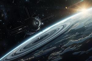 Cosmic Background Spacecraft orbiting distant planet with rings capturing the majestic of the cosmic rings against the  of stars photo