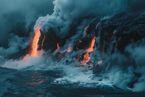 LavFlow Background Lavflowing into the ocean from an active volcano creating steam and fiery explosions. photo