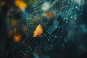 leaf trapped in spiders web with dewdrops sparkling in the early morning light. Spider web with dewdrops and leaf background. photo