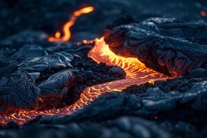 Dynamic Glowing LavBackground Lavflowing from an active volcano illuminating the rugged terrain at night. photo