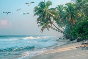 Palm trees leaning over the beach with gentle waves and seagulls in flight background photo