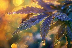 Nature of dewcovered leaves refracting morning sunlight creating prism effect photo