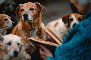 An elderly volunteer reading stories to group of shelter dogs background their attentive eyes and relaxed postures reflecting the atmosphere photo