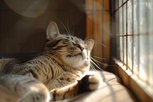 cat stretching contentedly in cozy adoption room sunlight streaming through window onto its fur photo