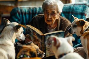An elderly volunteer reading stories to group of shelter dogs background their attentive eyes and relaxed postures reflecting the atmosphere photo